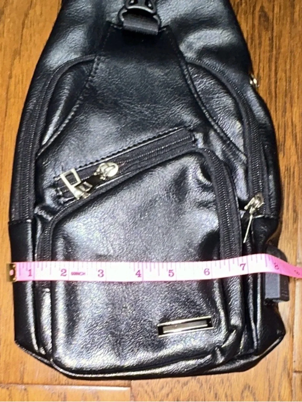 Black Leather-Effect Sling Messenger Bag with Front Zip Pockets